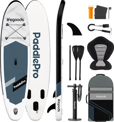 Produktbild von LifeGoods SUP Board Allround Compact - Mit Sitz - 100 KG Tragkraft - 300 x 76 cm - Aufblasbar - Komplettes SUP Paket - Schwarz/Weiß