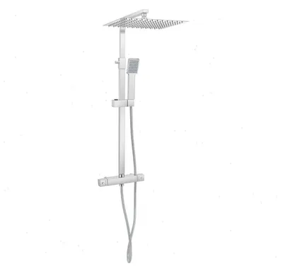 Zdjęcie produktu dla System prysznicowy – prysznic deszczowy z termostatem – głowica kwadratowa 30 cm – regulacja temperatury do 38°C – 2-drożny z ręczną słuchawką – regulacja wysokości – G1/2 – srebrny