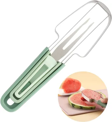 Produktbild von 3-in-1 Wassermelonen-Gabelschneider aus Edelstahl mit Schaufelmesser und Ausstecher, ideal für Camping und Picknicks (Grün)