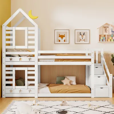Produktbild von Flieks Etagenbett 90x200cm mit Stauraumtreppe, Kinderbett mit Rausfallschutz und Lattenrost, Hochbett für 2 Kinder, Hausbett Stockbett, Weiß