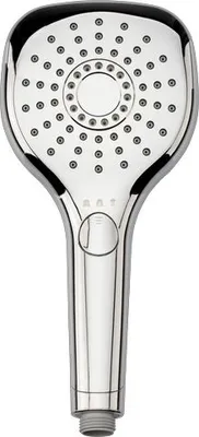 A close-up studio shot of a chrome hand shower head against a white background.