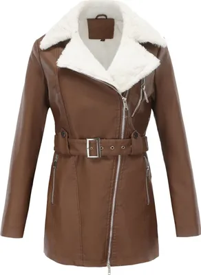 Image de ASKSA Femme Veste en cuirPolyuréthaneManteau d'hiver Fermeture éclair Vestes Col montant Ceinture Veste de moto, Café, S