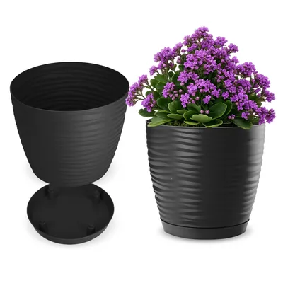 Produktbild von KADAX Blumentopf mit Untersetzer "Temara", Blumenkübel, Pflanztopf aus Kunststoff, Übertopf, rund, 17 cm, Anthrazit