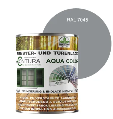 Produktbild von Contura 750ml Fenster und Türenlack Seidenmatt nach RAL 2in1 mit Pinsel Möbellack Innen und Außen Holzlack - RAL 7045 Telegrau 1