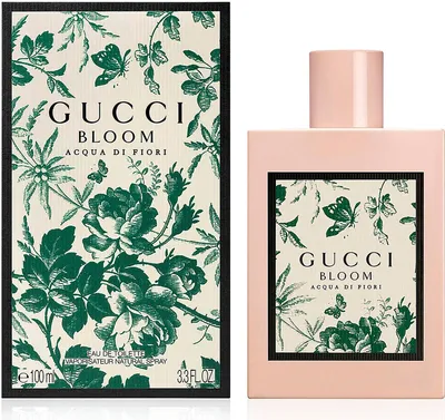 A product shot of Gucci Bloom Acqua di Fiori Eau de Toilette for women, showing both the perfume bottle and its packaging.