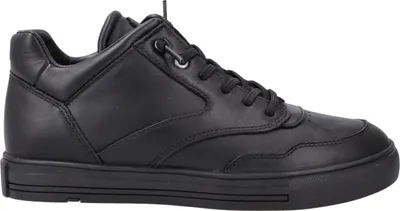 A black leather sneaker shown from the side.