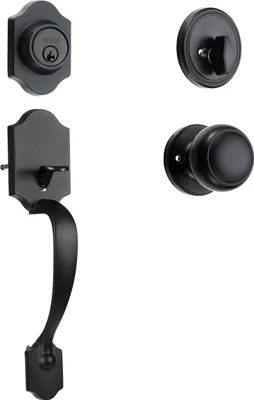 Image de Ensemble de poignée et serrure à pêne dormant pour porte d'entrée, noir mat Ensemble de serrure pour porte d'entrée avec bouton intérieur, poignée à cylindre unique à espacement réglable, pour porte d'entrée et porte principale droite ou gauche