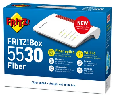 Produktbild von Box 5530 Fiber XGS-PON, Wi-Fi 6 (802.11ax), Dual-Band (2,4 GHz/5 GHz), Ethernet/LAN, Weiß, Tabletop-Router