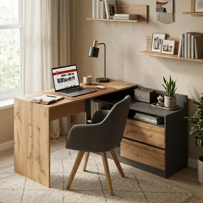 Zdjęcie produktu dla ULWEHOME Biurko Komputerowe Narożne 120x50 Szuflady Szary Dąb Wotan Drewno Regał Funkcjonalne Meble Biurowe Stolik do Nauki Pracy Home Office Gabinet