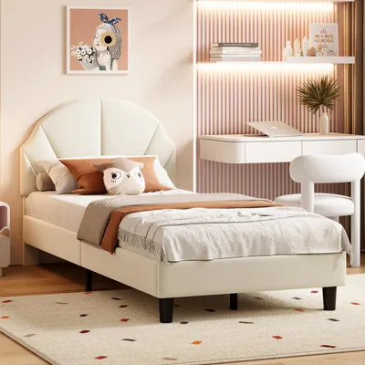 Immagine prodotto di Letto per bambini UnboxG 90x190 cm in velluto beige con testiera regolabile, morbido letto singolo con rete a doghe per la cameretta