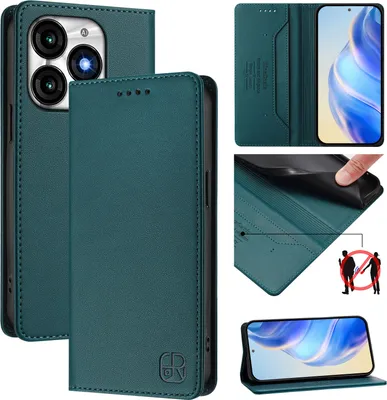 Produktbild von Lederhülle für itel A70 Hülle Flip Brieftasche Kartenfächern Ständer Schutzhülle Dunkelgrün