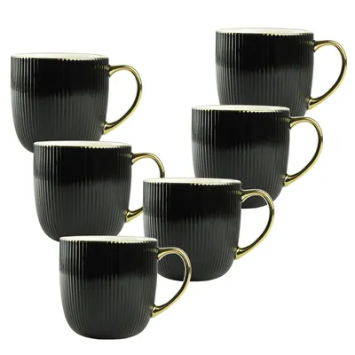 Obrázok produktu pre Súprava porcelánových hrnčekov 6x 400 ml - Čierny hrnček na kávu so zlatým držadlom