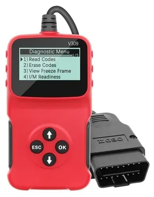 Produktbild von Techstar® V309 Kfz-Diagnose- und Scanner, OBD2, Auslesen/Löschen von Fehlercodes, LCD-Display, DTC-Suche, tragbar, universell, rot/schwarz