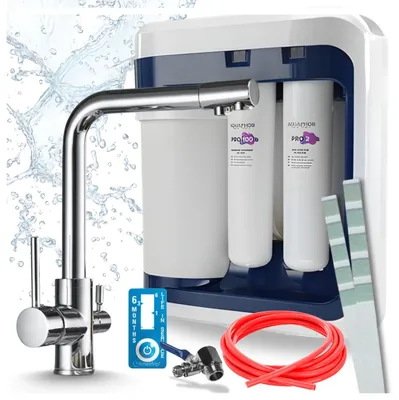 Produktbild von Ari 3-Wege-Küchenarmatur Venom, Chrom, Spültischarmatur Im Set Mit Aquaphor Ro-202S Pro Wasserfiltersystem, Untertischanlage