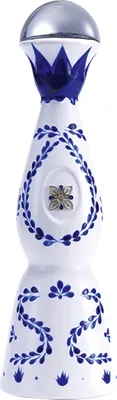 A white ceramic bottle with blue floral decorations and a silver cap.