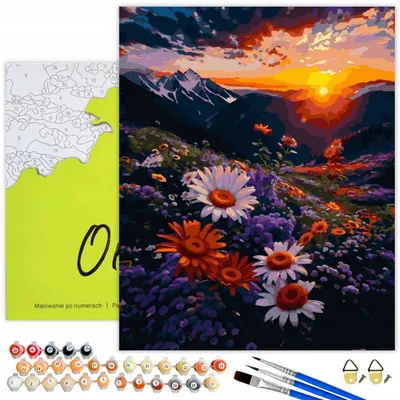 Image de Oh Art Peinture par numéros Adultes Fleurs Prairie 40x50 cm - Montagnes Coucher de soleil Nature Paysage Set toile avec cadre, 29 couleurs acryliques, 3 pinceaux