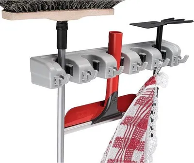 Obrázek produktu pro Držák na smetáky a nářadí se zasouvacími háčky (L, šedý, montáž na zeď)