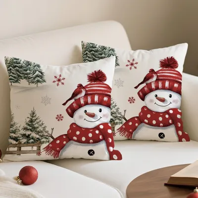 Kissenbezüge 45x45 cm, 2er-Set, rot, Schneemann & Tannenbaum