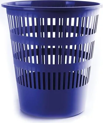 A blue plastic waste bin with a slatted design.