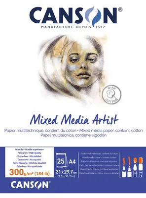 Produktbild von Canson Mix Media Artist Block, A4, 25 Blatt, 10% fein, 300 g, weiß