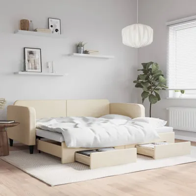 Produktbild von Tagesbett Ausziehbar mit Schubladen Creme 90x200 cm Stoff