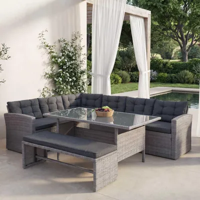 Produktbild von Poly-Rattan-Garnitur HWC-A29, Gartengarnitur Sitzgruppe Lounge-Esstisch-Set Sofa grau, Kissen grau + Bank