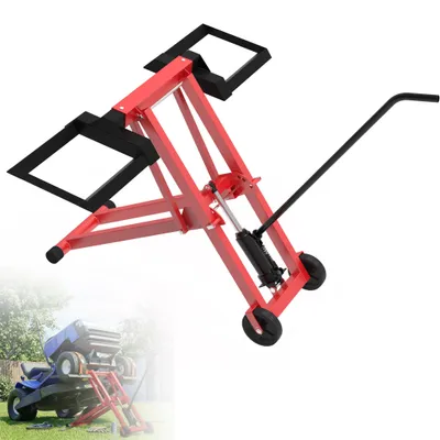 Zdjęcie produktu dla LZQ Hydrauliczny podnośnik do traktorów ogrodowych, udźwig 227 kg, składana platforma podnosząca do kosiarek samojezdnych i quadów, 3-stopniowa regulacja wysokości do 65,5 cm, akcesoria do traktorów ogrodowych