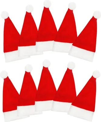 A collection of red and white Santa hats arranged in two rows against a white background.