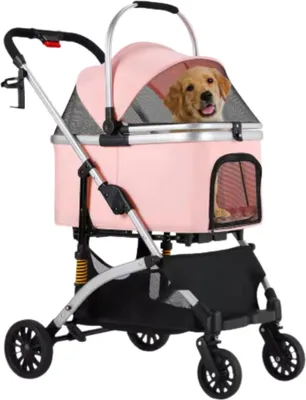 Produktbild von Hondenbuggy 2-in-1 – Faltbarer Haustierbuggy – Hundewagen und Katzenwagen – All-Terrain – 360° Gummiräder – Bis 40 kg – Silber/Rosa