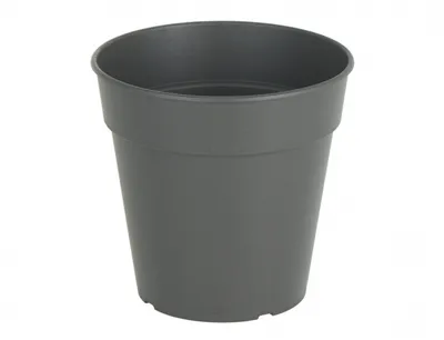 A gray plastic plant pot on a white background.