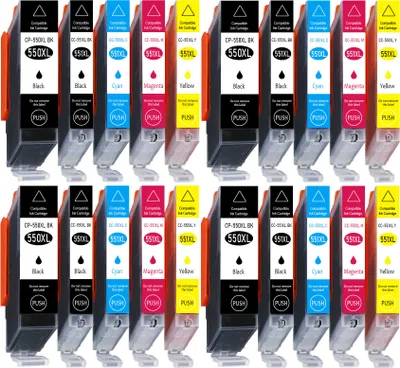 A collection of ink cartridges arranged in two rows.