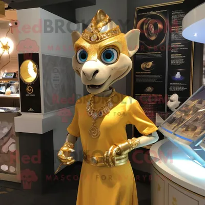 Productafbeelding van Gouden Gyro mascotte REDBROKOLY kostuum karakter gekleed met een schedejurk en kettingen