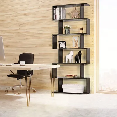 Produktbild von GOPLUS Bücherregal Holz, Standregal mit 6 Ebenen, Ablageregal S-Form, Büroregal Aktenregal Aufbewahrungsregal, für Schlafzimmer, Wohnzimmer (Schwarz)