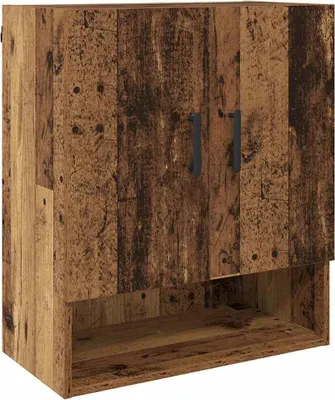 A wooden cabinet with two doors and an open shelf below.