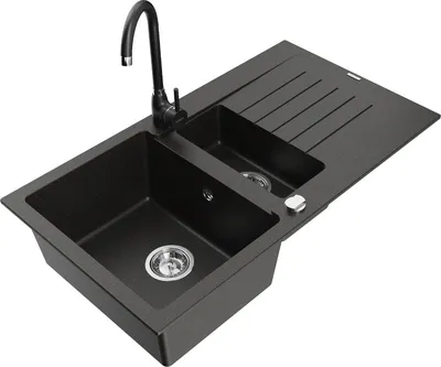 Produktbild von Mexen Matias 1,5-Becken-Granitspüle mit Abtropffläche und Mischbatterie Telma, Schwarz/Gold - 6502-75-670200-70