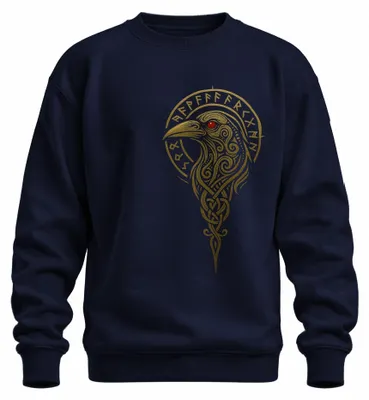 Imagen del producto de Sudadera uni con motivos vikingos: runas, nudos celtas, mitología nórdica, color azul marino, talla S