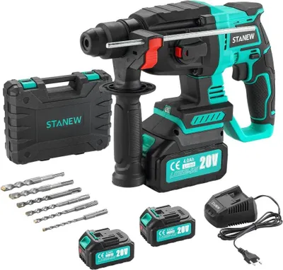 Produktbild von STANEW Akku-Bohrhammer, Schlagbohrmaschine mit SDS-Plus Bohrfutter, bürstenloser Motor, 4500 BPM, 1000 U/min, 6 x Bohrer, Schlagenergie 2J, mit 2 x Akku 20 V, 4,0 Ah und Ladegerät