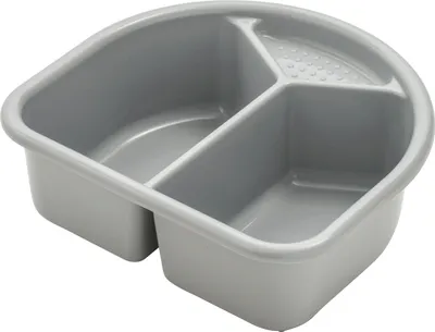 A gray plastic wash basin with three compartments, one of which has a textured bottom.