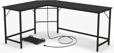 Produktbild von L-förmiger Computertisch mit Steckdose & CPU-Ständer & Robustem Metallrahmen Eckschreibtisch Schwarz