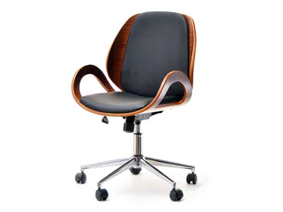 A modern office chair with a curved wooden frame and black upholstery, presented on a white background.