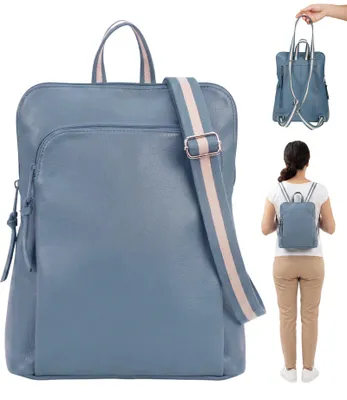 Produktbild von Leder Rucksack Handtasche klein Vario Gurt Geheimfach Freizeitrucksack Damen Alessandro Salvatore A4 passt Lederrucksack Rom 12979 Blau +Schlüsseletui
