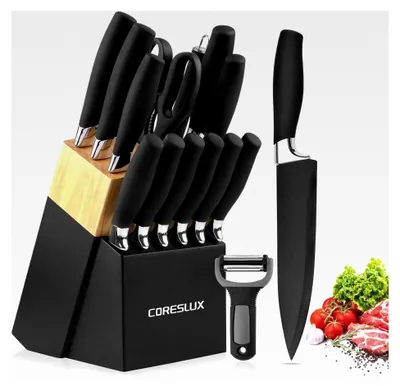 Produktbild von Messerblock mit 15-teiligem Messerset, Küchenmesser Set aus Edelstahl mit Kochmesser, Antihaftbeschichtung, ergonomischem Griff, Brotmesser, Wetzstab und Schere, Schwarz