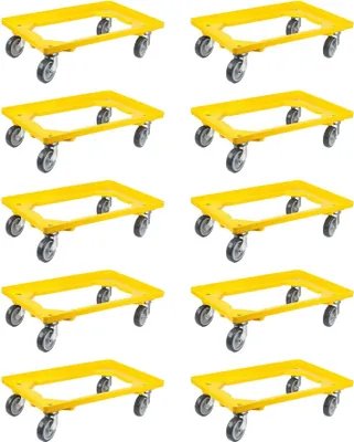 Produktbild von SparSet 10x Transportroller für Euroboxen 60x40cm mit Gummiräder gelb | Offenes Deck | 4 Lenkrollen | Traglast 300kg | Kistenroller Logistikroller Rollwagen Profi-Fahrgestell