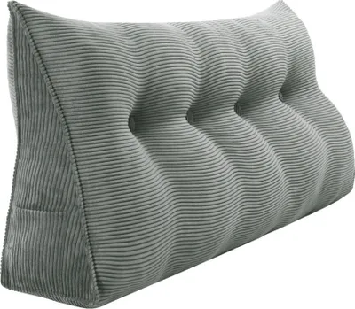 A gray corduroy wedge pillow is shown against a white background.