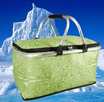 A green cooler bag with water droplets on it, set against a backdrop of icebergs and a blue sky.