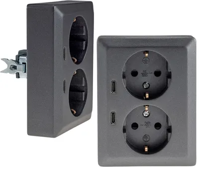 Produktbild von MILOS Schutzkontakt-Steckdose 2-fach 250V/16A, 1x UP, 2x USB C/PD, anthrazit