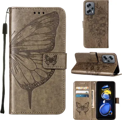 Produktbild von Xiaomi Poco X4 GT 5G Hülle, Schmetterling Prägung Flip Leder Kartenfächer Schutzhülle Ledertasche mit Ständer für Xiaomi Poco X4 GT 5G Grau