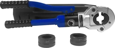 Obrázek produktu pro Hydraulické kleště na lisování trubek – kleště na krimpování trubek – lisovací síla 10 t/98 kN – 3 matrice 12,7–25,4 mm – ruční – ocel – 38×9 cm – modré