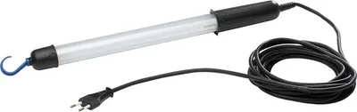 A fluorescent work light with a cord and plug, and a hook for hanging.