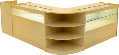 Produktbild von Ladenthekenset Europa ahorn mit LED-Beleuchtung B1200 C1200 LM60 TB60 – Abschließbare Schiebetüren mit Schlüsseln, 3 Verkaufs- und Lagereinheiten, Kassenblock, Glasauslage, Vitrine, Ecktheke